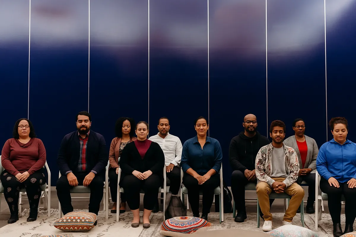 Group of diverse individuals seated in a meditation setting, focused on an aromatherapy team-building activity.