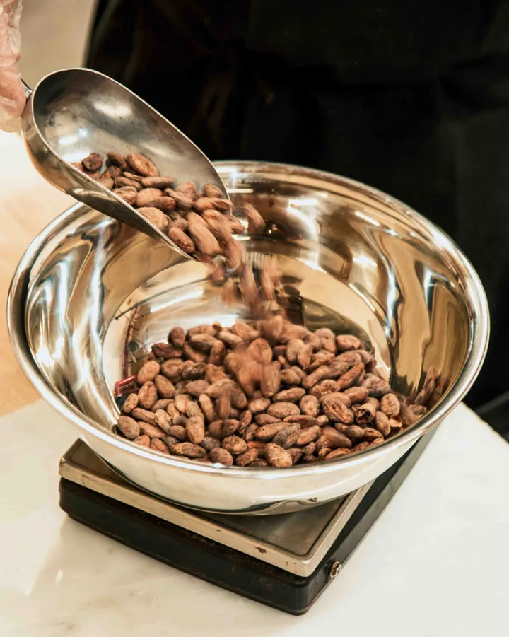 A hand pours cacao beans from a scoop into a metal bowl on a scale during a chocolate-making class.
