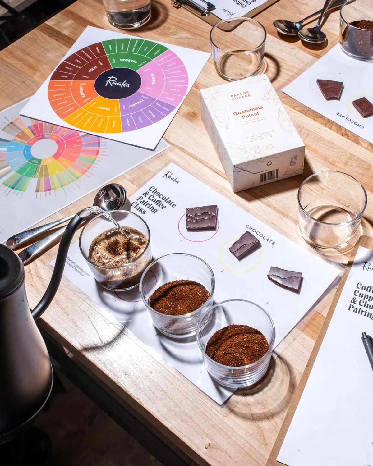 Coffee cupping and chocolate pairing setup with tasting notes and coffee grounds on a table in New York City.