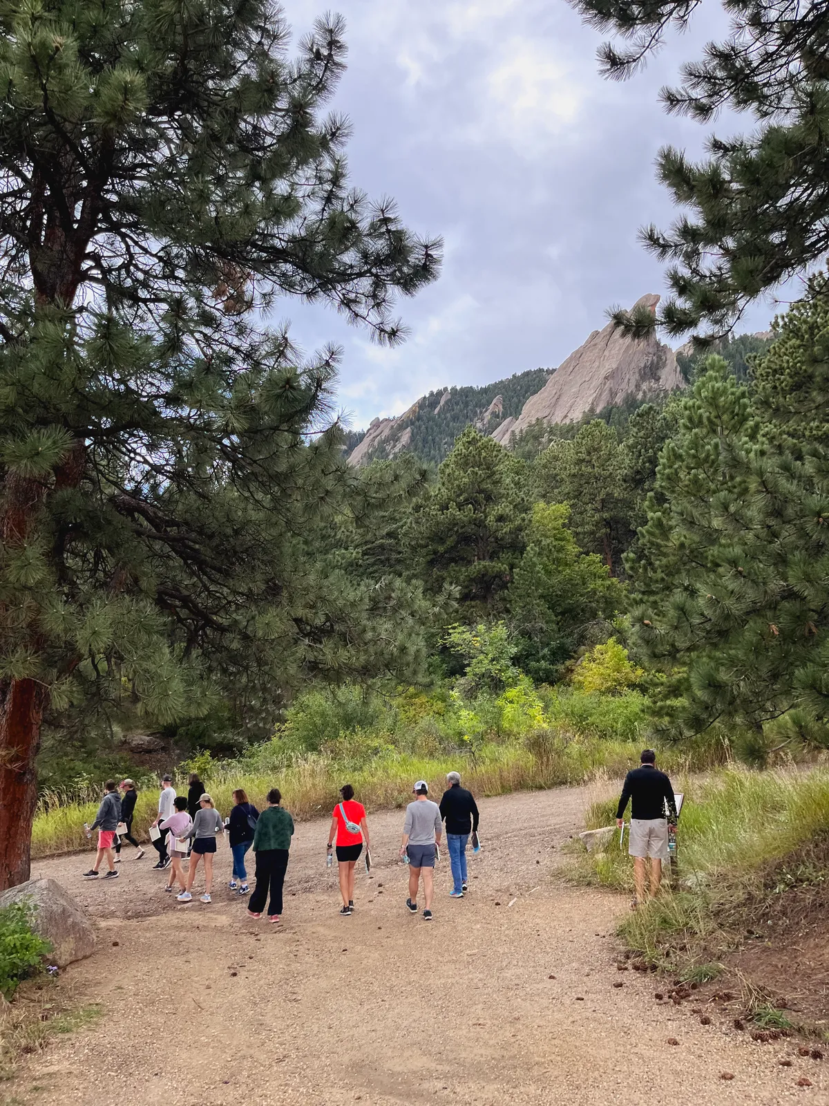 Group of people hiking on a trail in Boulder, surrounded by trees and mountains, enjoying a team-building activity.
