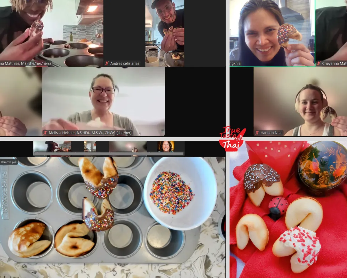 Group video call for a "Making Fortune Cookies" class, featuring participants holding cookies and baking supplies.
