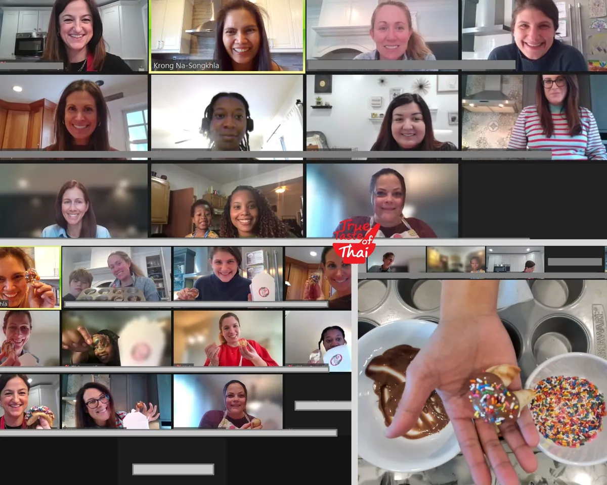 Participants smile on a video call during a fortune cookie-making class in San Diego, showcasing cookies and toppings.
