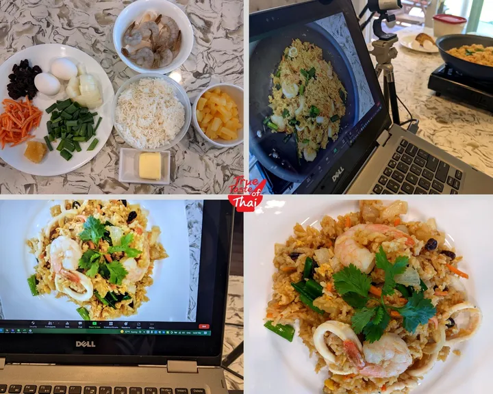 Ingredients and cooked dish of Pineapple Fried Rice with a laptop displaying a cooking tutorial.