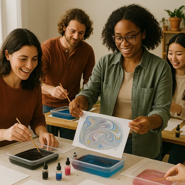Participants enjoy a Suminagashi class, creating marbled art with colorful inks and water in New York City.