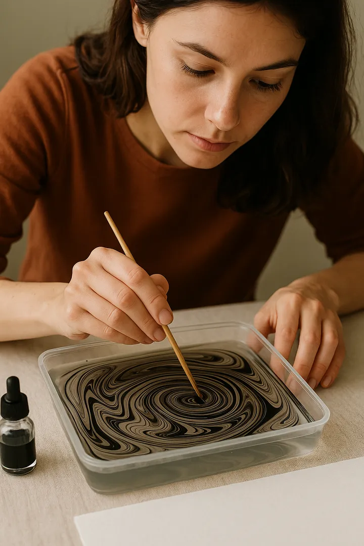A woman creates swirling patterns on water during a Suminagashi class in New York City.