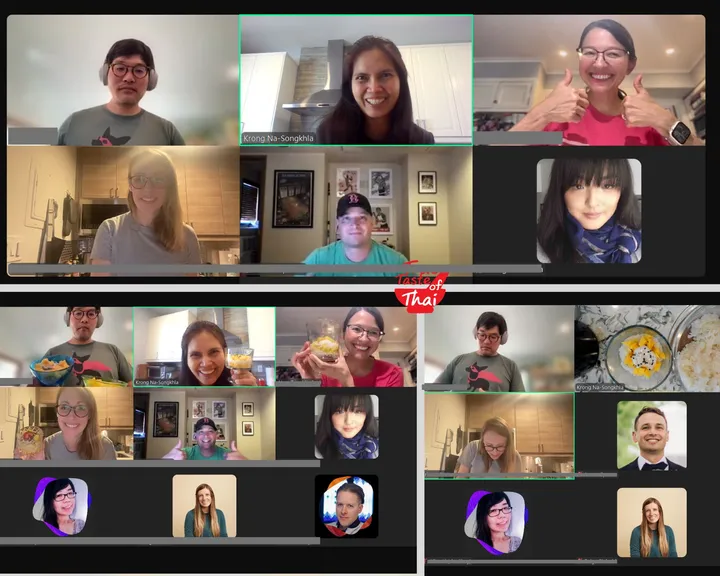A virtual cooking class with participants making Thai Mango Sticky Rice, sharing smiles and dishes on screen.