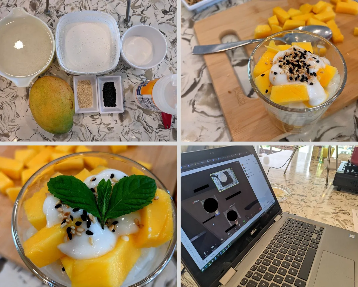 Collage of a Thai mango sticky rice class: ingredients, prepared dessert, and a laptop with a presentation.