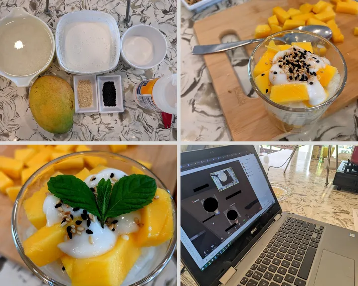 Collage of a Thai mango sticky rice class: ingredients, prepared dessert, and a laptop with a presentation.
