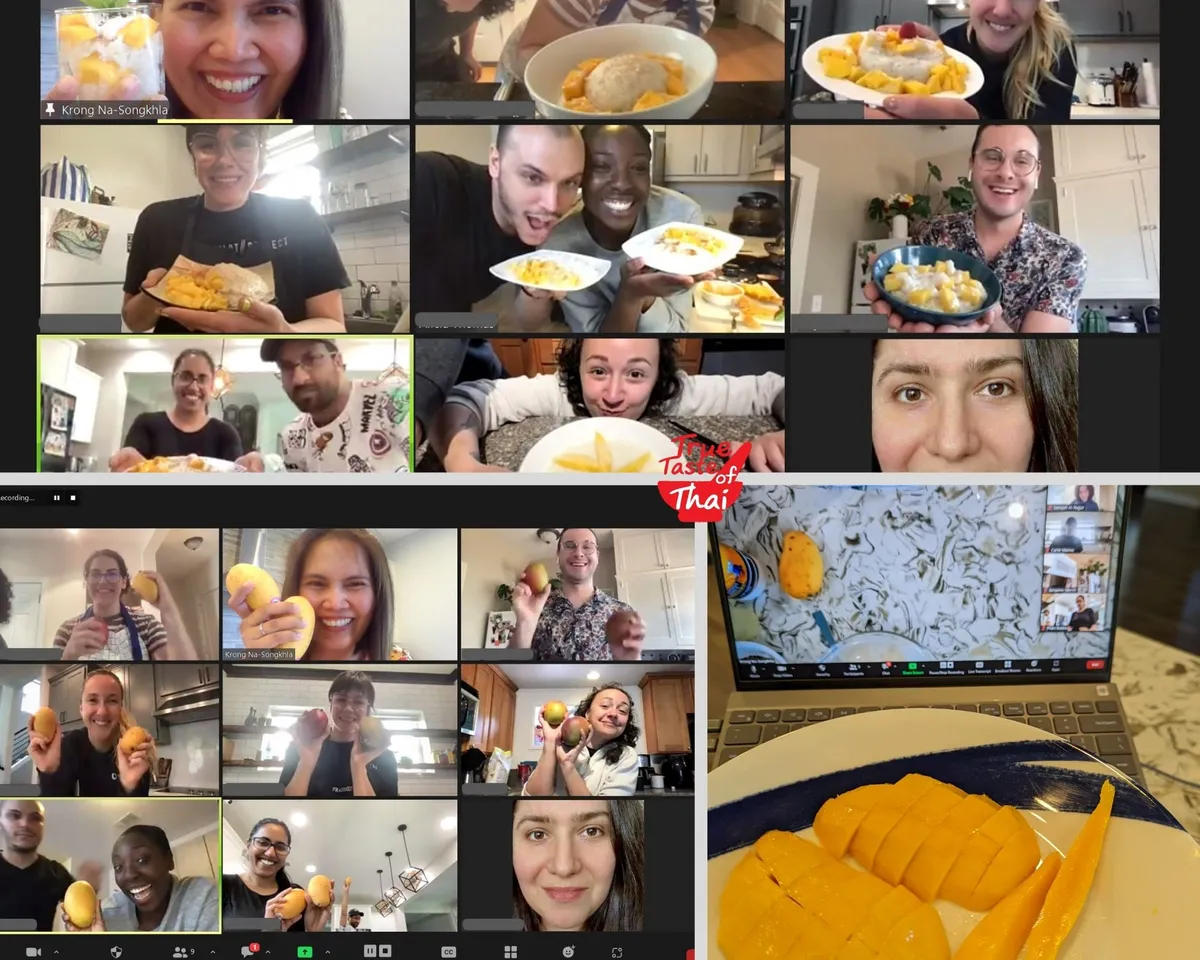 Participants enjoy making Thai mango sticky rice in a virtual class, showcasing their dishes and smiling together.