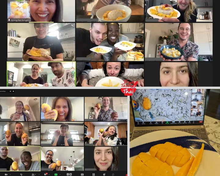Participants enjoy making Thai mango sticky rice in a virtual class, showcasing their dishes and smiling together.