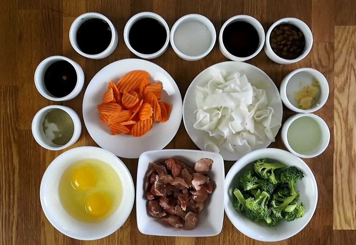 Ingredients laid out for a Thai Pad-See-Ew class: vegetables, sauces, noodles, eggs, and meat on a wooden surface.