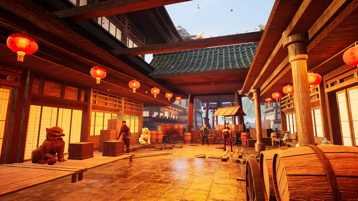 Virtual escape room setting with wooden barrels, lanterns, and a traditional design, hosting a team-building activity.